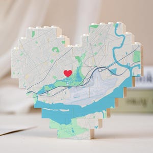 Corazón con estampado de mapa personalizado hecho con bloques de Lego, regalo personalizado de aniversario o boda, recuerdo romántico para la decoración del hogar.