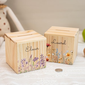Personalized Floral Money Box, Custom Wooden Money Box Girl,  Money Box Flowers, Piggy Bank Child, Baptism Gift Girl, Girls Savings Bank