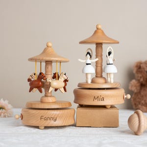Musical Wooden Ballerina Carousel Keepsake, Engraved Name Music Box, Personalized Wooden Train Music Box, Baby Shower Gift, Newborn Gifts