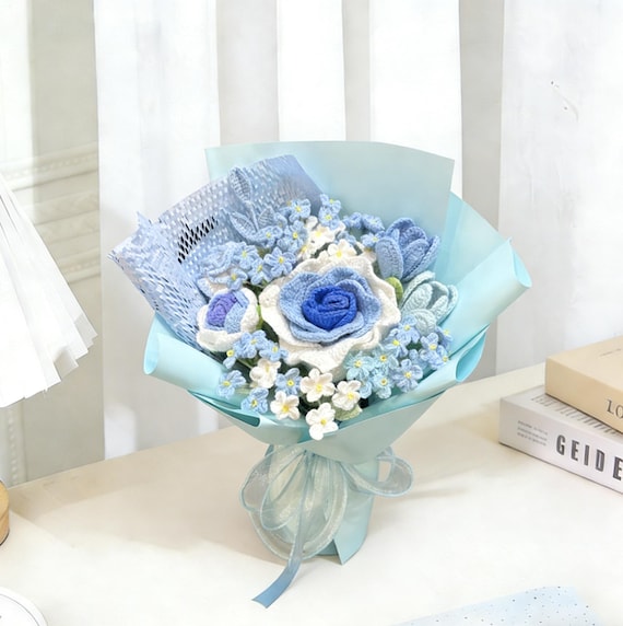 Blue Crochet Flower Bouquet, Handmade Knitted Roses & Tulips, Forever Floral Gift for Mother’s Day, Graduation, Get Well, Home Décor