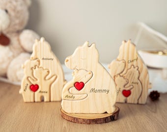 Rompecabezas de nombre familiar personalizado y grabado, rompecabezas de oso personalizado para familias monoparentales, regalo para baby shower, regalos de Navidad, decoración familiar para el hogar.