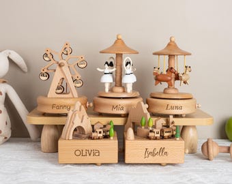 Gepersonaliseerde gegraveerde babynaam muziekdoos, 1e verjaardagscadeau, kraamcadeau, aangepaste houten muziekdoos, cadeau voor kind, muzikale carrousel