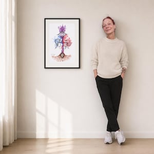 Könnte beinhalten: Ein gerahmter Wandkunstdruck mit einer vertikalen Illustration von zwei Profilsilhouetten, die durch eine zentrale rot-blaue wirbelnde Säule verbunden sind, gekrönt von einem Auge und floralen Elementen, mit Baumwurzeln an der Basis.
