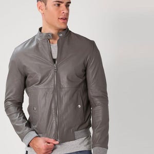 Leather Jacket Grey | Men’s Biker Motorcycle Coat | Vintage Slim Fit Outerwear