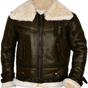WWII B3 Shearling Bomber Jacket: Army Green Leather Aviator Coat