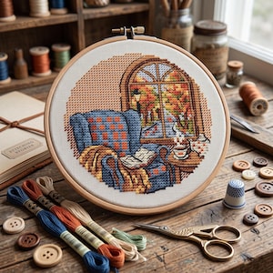 May include: A circular wooden embroidery hoop containing a cross-stitch pattern of a blue plaid armchair, an open book, a steaming cup, and a window view of autumn trees. The hoop is surrounded by embroidery floss, buttons, and metal scissors.