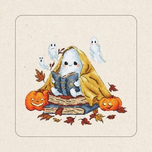May include: A cross-stitch design featuring a friendly ghost reading a book, wrapped in a yellow blanket, surrounded by pumpkins, leaves, and other ghosts. The design has a Halloween theme and the text "Stitching Stories" is at the bottom.