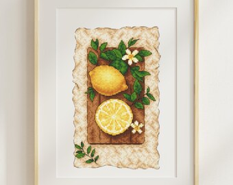 Lemon Cross Stitch Pattern, Mediterranean Kitchen Embroidery, Amalfi Lemons (PDF Download)