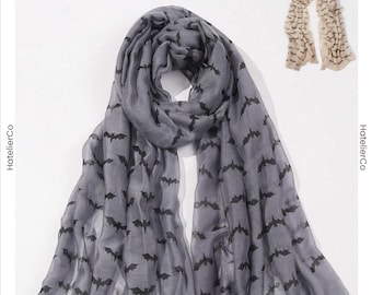 Bat Print Halloween Scarf, Gothic Fashion Scarf, Lightweight Fall Shawl, Witchy Wrap, Halloween Bat Scarf, Gothic Neck Scarf, Gift for Her