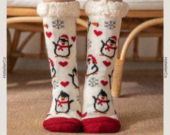 Penguin Fuzzy Socks, Women’s Thermal Lined Anti Slip Winter Slipper Socks, Cozy Christmas Comfort Style, Cute Warm Indoor Wear, Gift for Her
