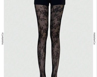 Medias de rejilla de encaje gótico, pantimedias negras de jacquard floral, medias de moda, regalo para mujer