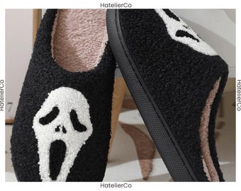 Ghost Face Plush Slippers, Halloween House Shoes, Cozy Soft Non Slip Indoor Slippers, Gift for Her
