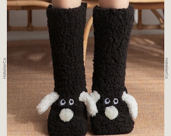 Black Dog Slipper Socks, Warm Fuzzy Anti Slip Plush Winter House Socks for Women, Cozy Cute Indoor Comfort, Gift for Her