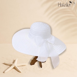 Witte strikhoed voor dames, zonnehoed met brede rand, witte strohoed, veelzijdige hoed, strandhoed, trendy hoed, zonbeschermende hoed, cadeau voor haar