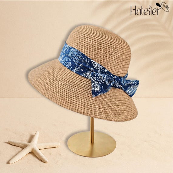 Boho Straw Sun Hat for Women, Blue Bandana Bow Hat, Foldable Wide