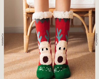 Calcetines de peluche de reno, calcetines antideslizantes con forro térmico para mujer, acogedores y navideños, ropa de interior cálida y bonita, regalo para ella.