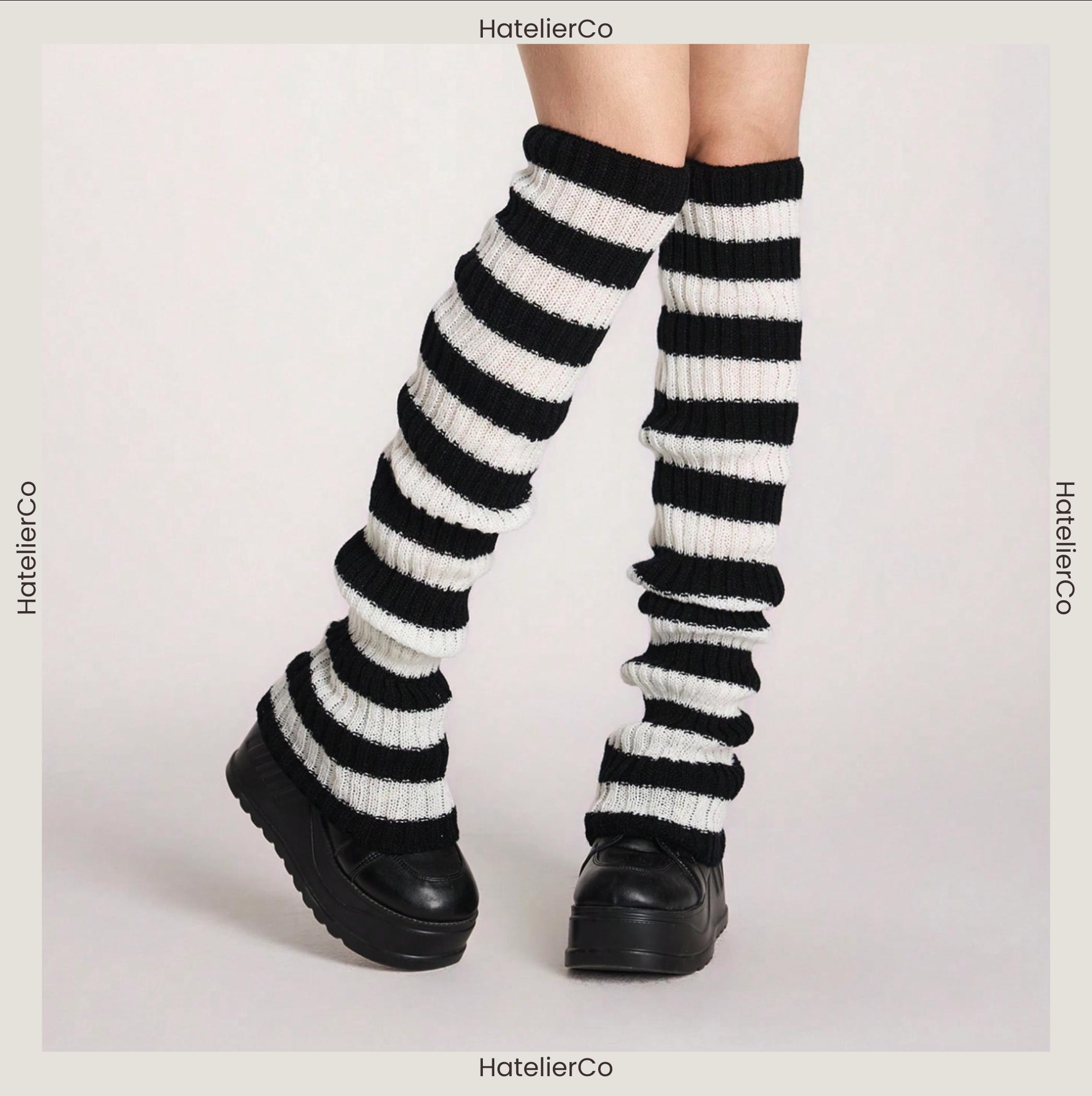 Goth Striped Knit Leg Warmers, Extra Long Black White Ribbed Style, Alt Grunge Y2K Aesthetic, Cozy All Season Legwear, Gift for Her