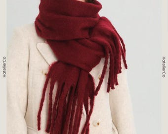 Burgunder Winterschal für Frauen, dicker Plüsch-Quastenschal, weicher Kaschmir-Gefühl Wrap, warm gemütlich kalt Wetter Stil, Outdoor-Wear, Geschenk für Sie