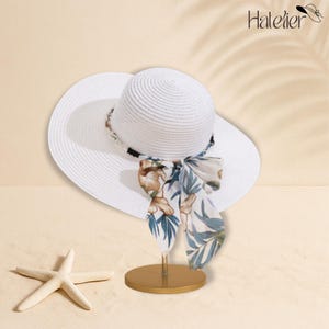 Witte strohoed, golvende strikhoed voor vrouwen, hoed met brede rand, elegante zonbeschermingshoed, strandhoed, reishoed, vakantiehoed, cadeau voor vrouwen