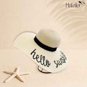 Witte vrouwenletter grafische hoed, strohoed met brede rand, hoed voor strand, bohohoed, zomerhoed, reishoed, zonnehoed, cadeau voor vrouwen, cadeau voor haar
