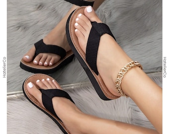 Black Flip Flop Sandals for Women, Casual Summer Beach Slides, Comfortable Thong Sandals, Vacation Flat Shoes, Gift for Her