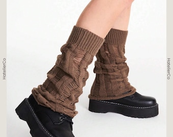 Brown Knit Leg Warmers, Ripped Vertical Cable Design, Fairycore Y2K Aesthetic Style, Cozy Trendy Layering Accessory, Gift for Her