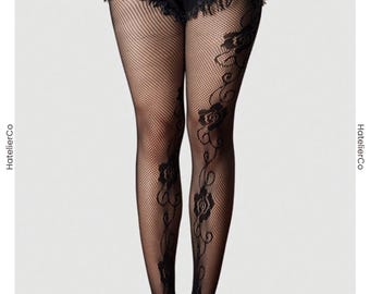 Gothic Rose Fishnet Pantyhose, Floral Lace Mesh Tights, Dark Romantic Hosiery, Gift for Her