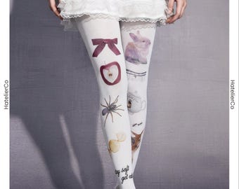 Dark Fairy Tale Print Tights, Gothic Deer Spider Opaque Pantyhose, Animal Print Hosiery, Gift for Girl
