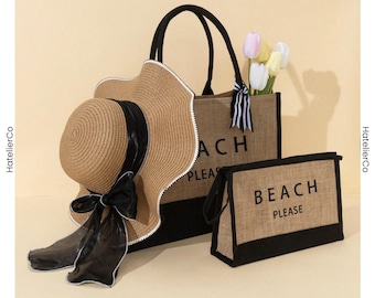 Personalized Bridesmaid Beach Bag Set, Bow Straw Hat, Letter Print Linen Tote Bag, Summer Set, Gift for Women