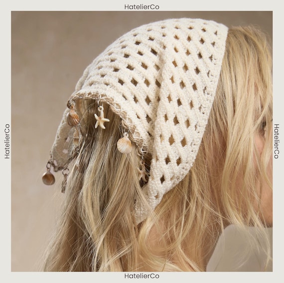 Boho Crochet Head Scarf with Seashell Charms Bohemian Crochet Headscarf with Shell Charms - Brown - Small  main image 2
