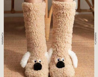 Beige Dog Slipper Socks, Warm Plush Knee High Non Slip House Socks for Women, Cozy Cute Indoor Wear, Soft Winter Comfort Style, Gift for Her