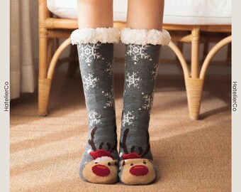 Calcetines térmicos con forro polar de reno, antideslizantes y cómodos para mujer, estilo cálido para Navidad e invierno, bonitos y cómodos para las fiestas, regalo para ella.