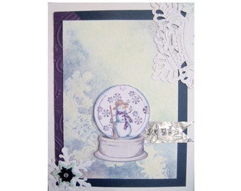 bonhomme de neige snowglobe blanc 5 x6.5 pouces carte, carte de voeux de l’hiver, bleu et blanc, flocons de neige, de joie, ami ou collègue de bureau cadeau, carte de Noël