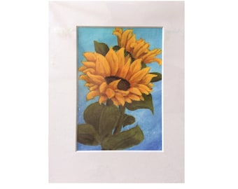 Fine art print of acrylic painting of a sunflower 5x7 matted to 8x10, dorm decor,  wall art, home decor, ready to frame, gift for friends