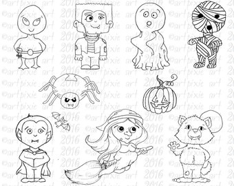 Halloween Chibi caractères 9 collection d’images de Digistamp, timbre numérique, clipart, image vectorielle, JPEG, PNG, scrapbooking et carterie