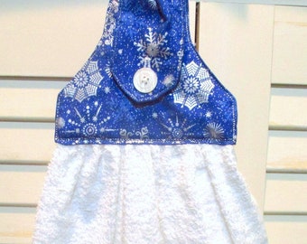 Single Hanging towel, kitchen towels, bathroom towel, white and blue, cotton with silver printed snowflake, button towels