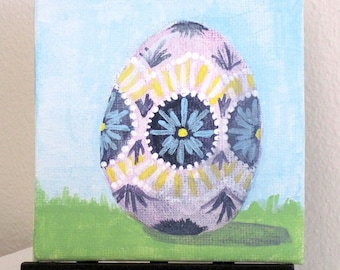 Easter Egg II - 4x4 original acrylic painting on canvas board w/display easel