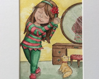 La fille de lutin Noël aquarelle originale 5 x 7 emmêlée à 8 x 10, prêt à cadre, décoration, décoration de fêtes de Noël, art mural, cadeau pour ADO