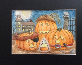 Original 5x7 matted watercolor 'pumpkin Pirates' humorous art, fantasy, wall art, home decor, Halloween holiday art, jack-o-lanterns drawing