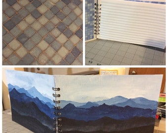 Sketchbook, notebook, double loop spiral bound upcycled materials, monochromatic blue mountains and sky, original acrylic painting