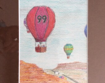 Original colored pencil drawing red hot air balloon, balloon 99, desert scene