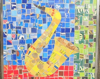 16x16 framed original saxophone mosaic from upcycled paperboard