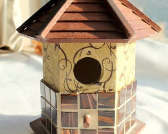 Brown glass mosaic and fabric decoupaged 9" birdhouse with hanger, indoor decor, gift for him or her, rootbeer, brown sparkle tile,