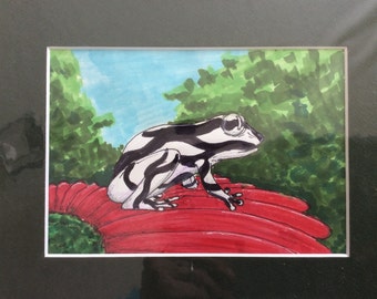 Original 5x7 marker illustration black and white frog on red flower matted to 8x10, home decor, decorations, wall art, landscape, nature art
