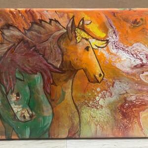 Original 8x10 acrylic painting on canvas of 2 horses over pour art, nature art, animal art, wall decor, home decor, orange and green image 1