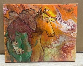 Original 8x10 acrylic painting on canvas of 2 horses over pour art, nature art, animal art, wall decor, home decor, orange and green