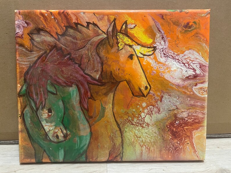 Original 8x10 acrylic painting on canvas of 2 horses over pour art, nature art, animal art, wall decor, home decor, orange and green image 1