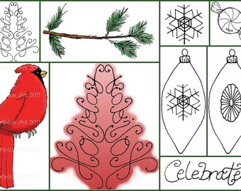Christmas Holiday Digistamp, Digital stamp, clip art 11 image set