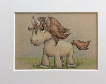 Original 5x7 colored pencil drawing unicorn on tan paper matted to 8x10 ready to frame, home decor, wall art, fantasy art, sketch