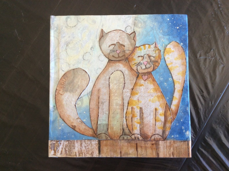 hand painted, mixed media journal, notebook, romantic cats in the moonlight, gift for daughter, mother, girlfriend image 1